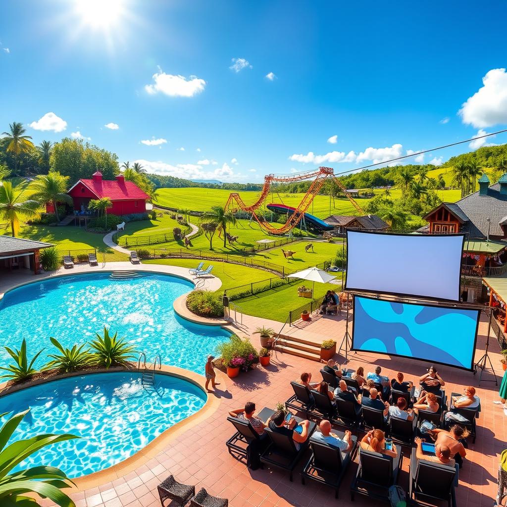 A vibrant and lively resort scene showcasing a large swimming pool sparkling under the sun, surrounded by tropical plants