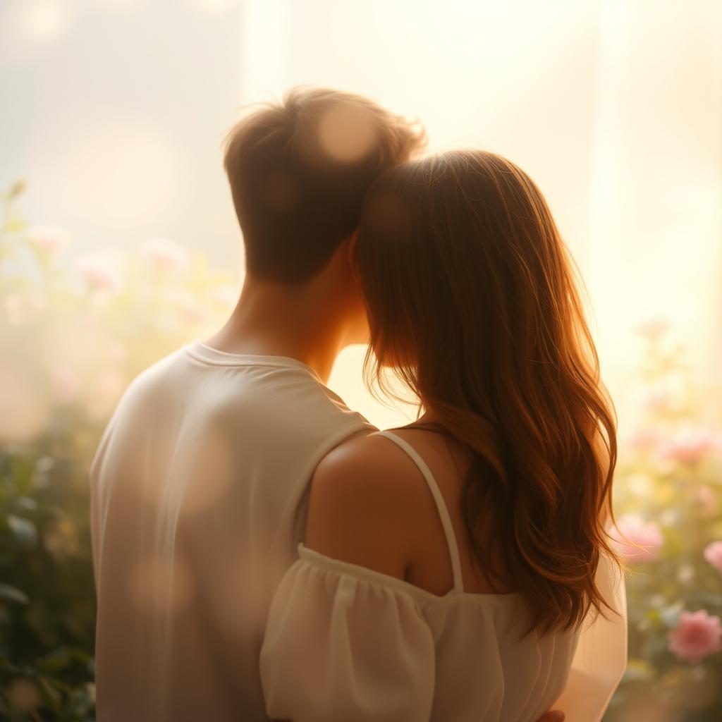 A serene and intimate scene of a person standing close to another person with their face turned away, surrounded by a soft, dreamlike atmosphere