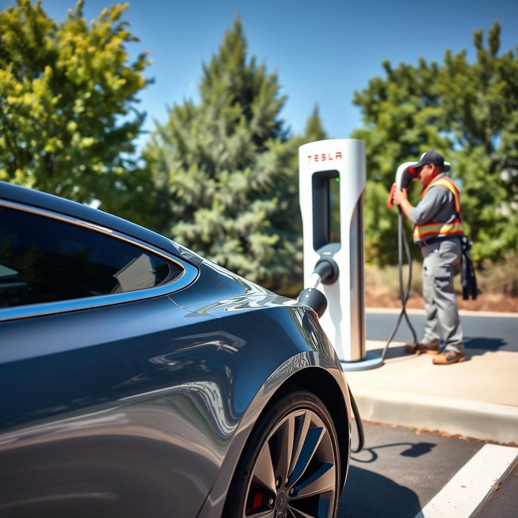 A Tesla Model 3 charging at an electric charger, with an individual working on the installation of the charging station