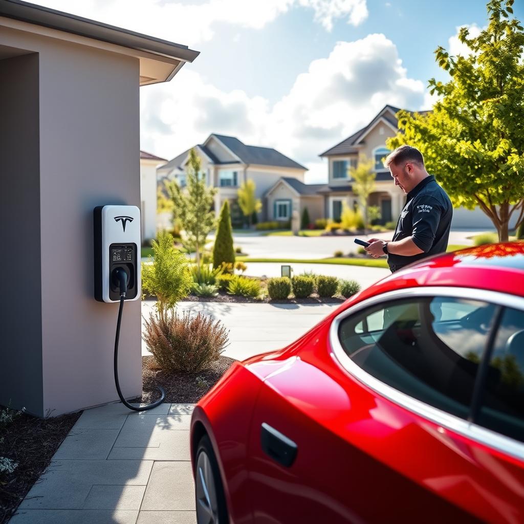 A Tesla Model 3 charging at a modern home, with a sleek electric wall charger being installed by a professional technician