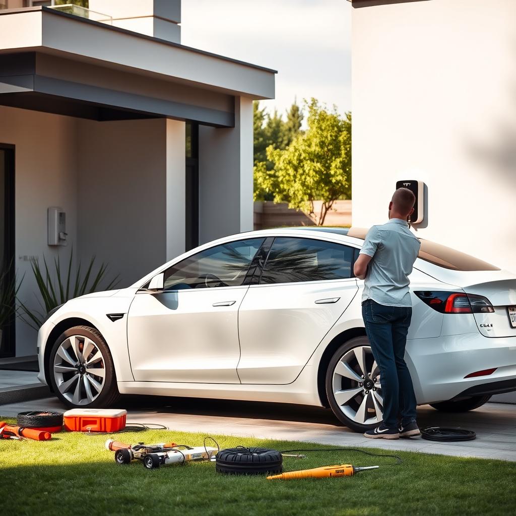 A white Tesla Model 3 charging at home next to a modern residential structure