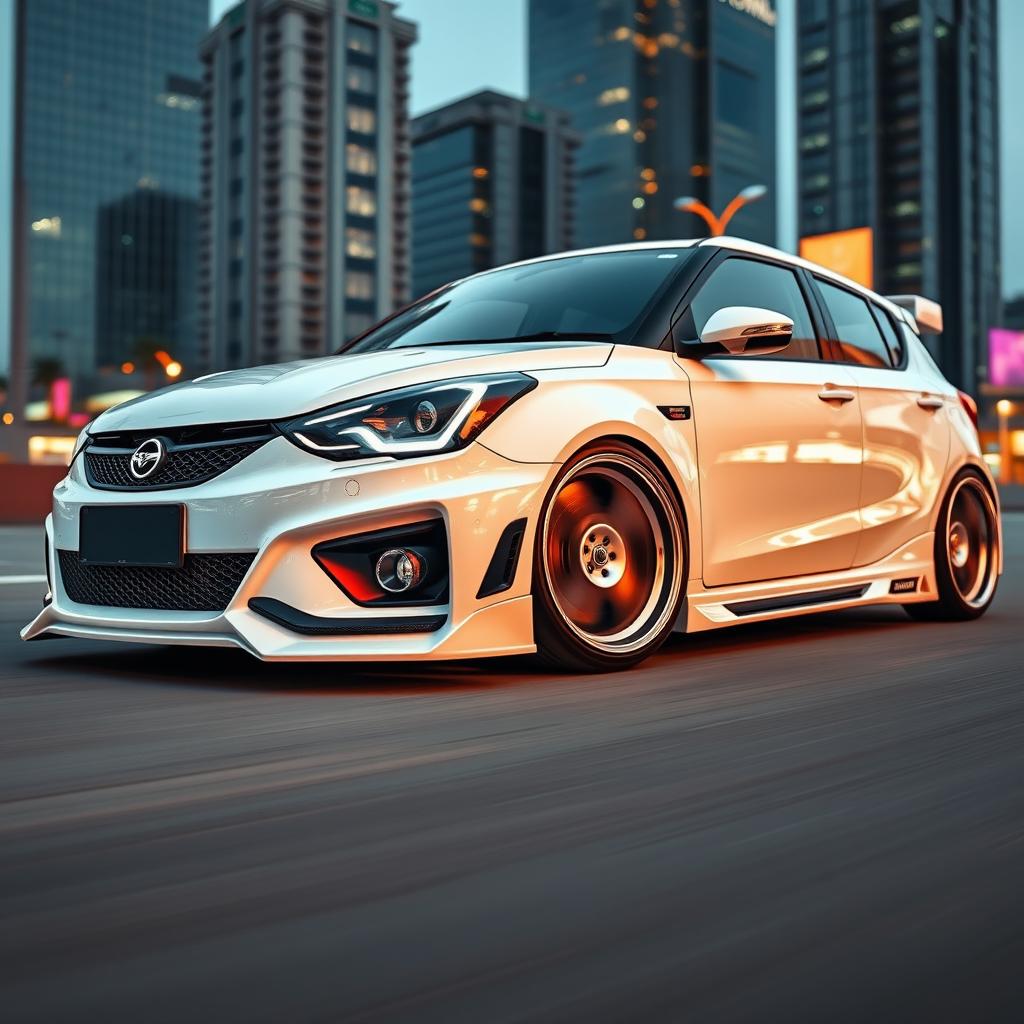 A stunning, highly modified Chery A3 in a sleek white color featuring a dynamic tuning style