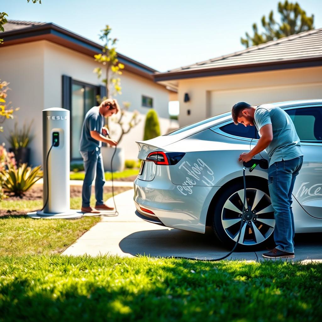 A white Tesla Model 3 charging in a driveway of a modern home
