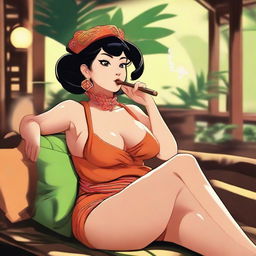 A character named Ling Ling leisurely smoking a cigar in a relaxed environment