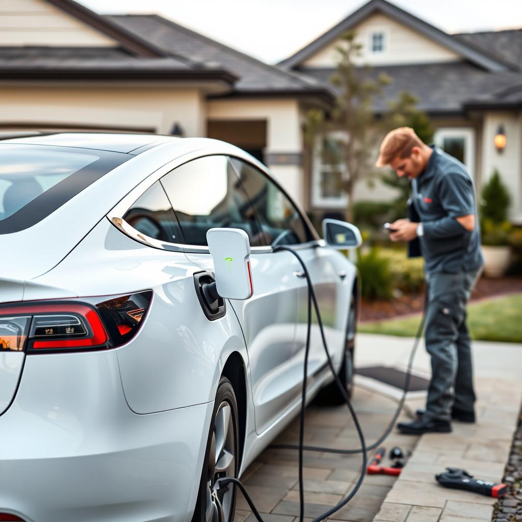 A white Tesla Model 3 charging at a residential home, with a small and compact home electric charger being installed by a technician