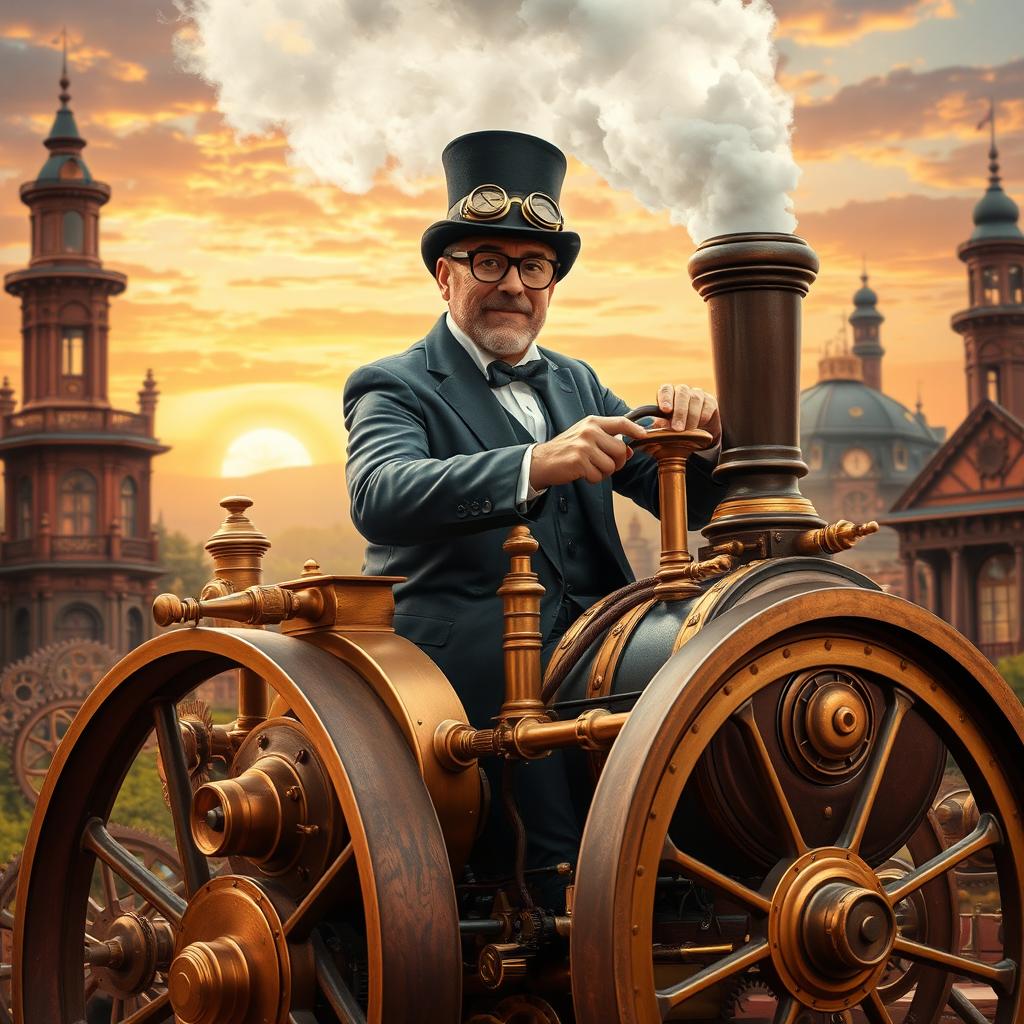 A whimsical scene featuring a charismatic man resembling a historical figure, confidently driving an ornate steam engine