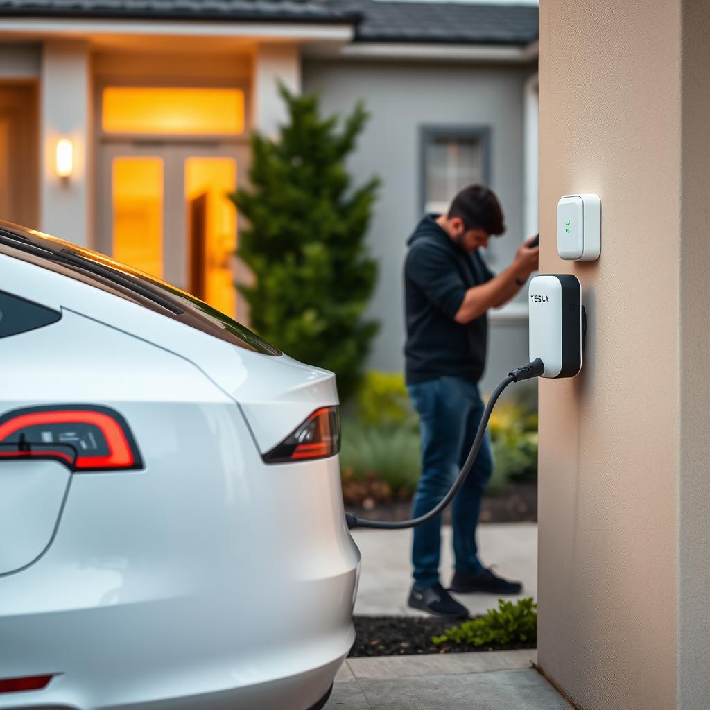 A white Tesla Model 3 charging at a residential home, with a small, domestic electric charger installed on the wall nearby