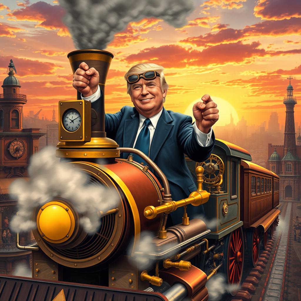 A whimsical scene depicting President Trump as a charismatic conductor driving an ornate steam engine in a steampunk style