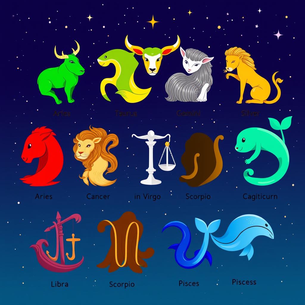 Illustration showcasing the twelve zodiac signs represented by their respective colors