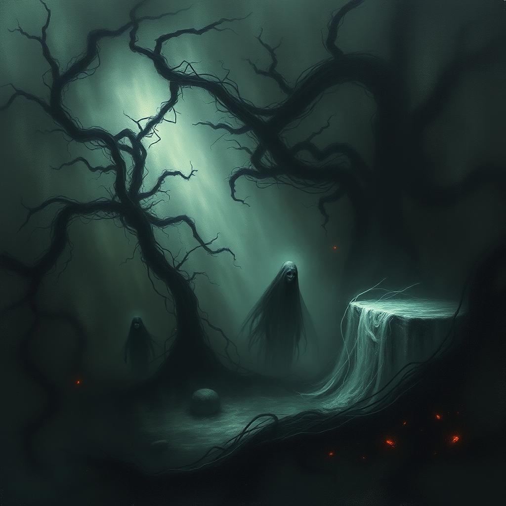 A hauntingly abstract scene featuring swirling, chaotic shapes and forms that evoke a sense of unease and dread