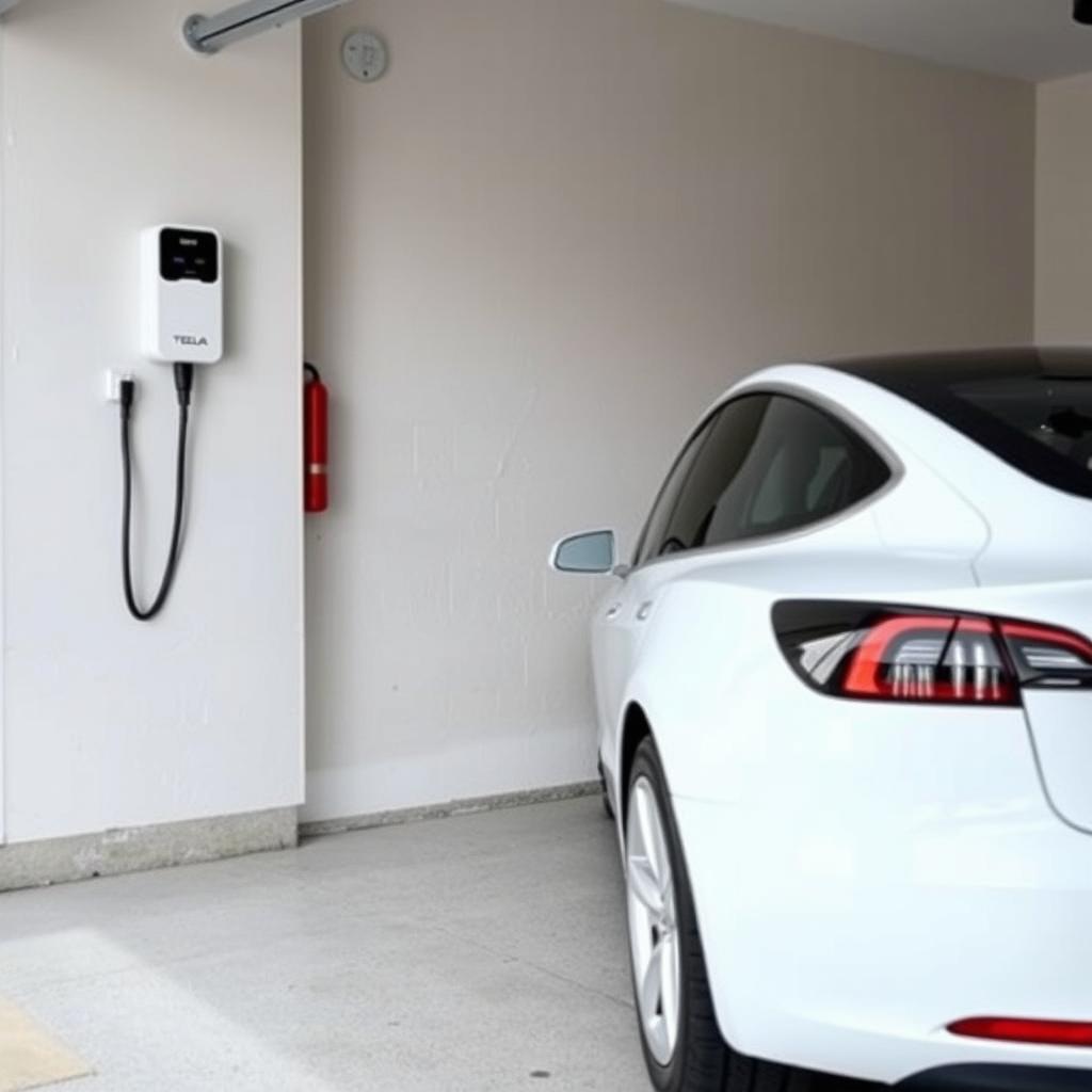 A white Tesla Model 3 fully visible, parked in a residential garage, charging