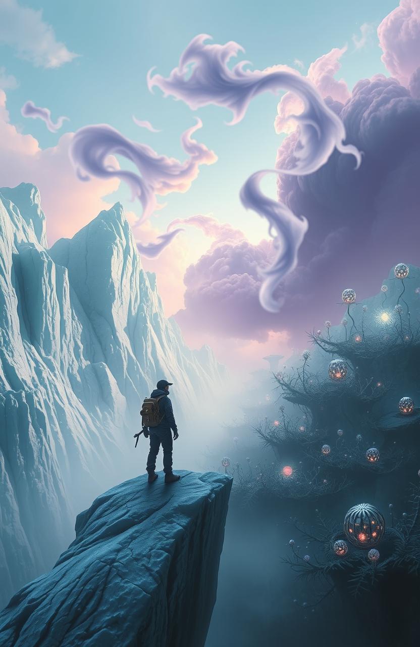 A mysterious and enchanting landscape transitioning from a glacial icy region to a surreal, unknown realm