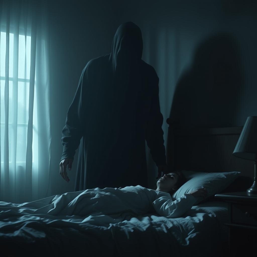 A faceless tall figure looming next to the bed, casting a menacing shadow over the protagonist who lies in bed, filled with dread