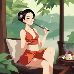 A character named Ling Ling leisurely smoking a cigar in a relaxed environment