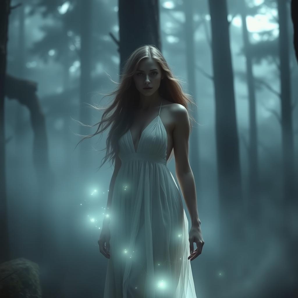 A mysterious and enchanting scene featuring a beautiful woman who appears to be fading or ethereally disappearing