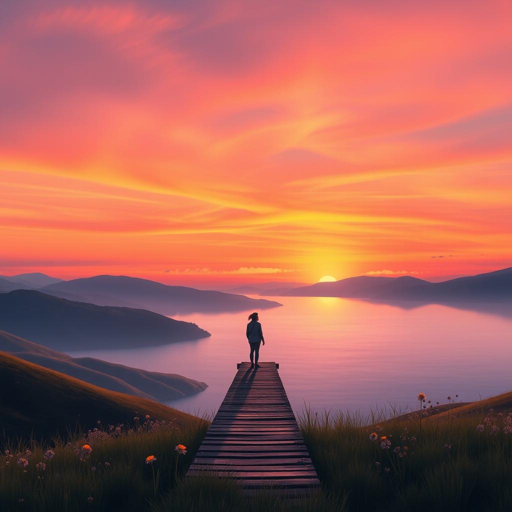 Create an artistic image representing a serene landscape at sunset, showcasing rolling hills and a tranquil lake reflecting the vibrant colors of the sky