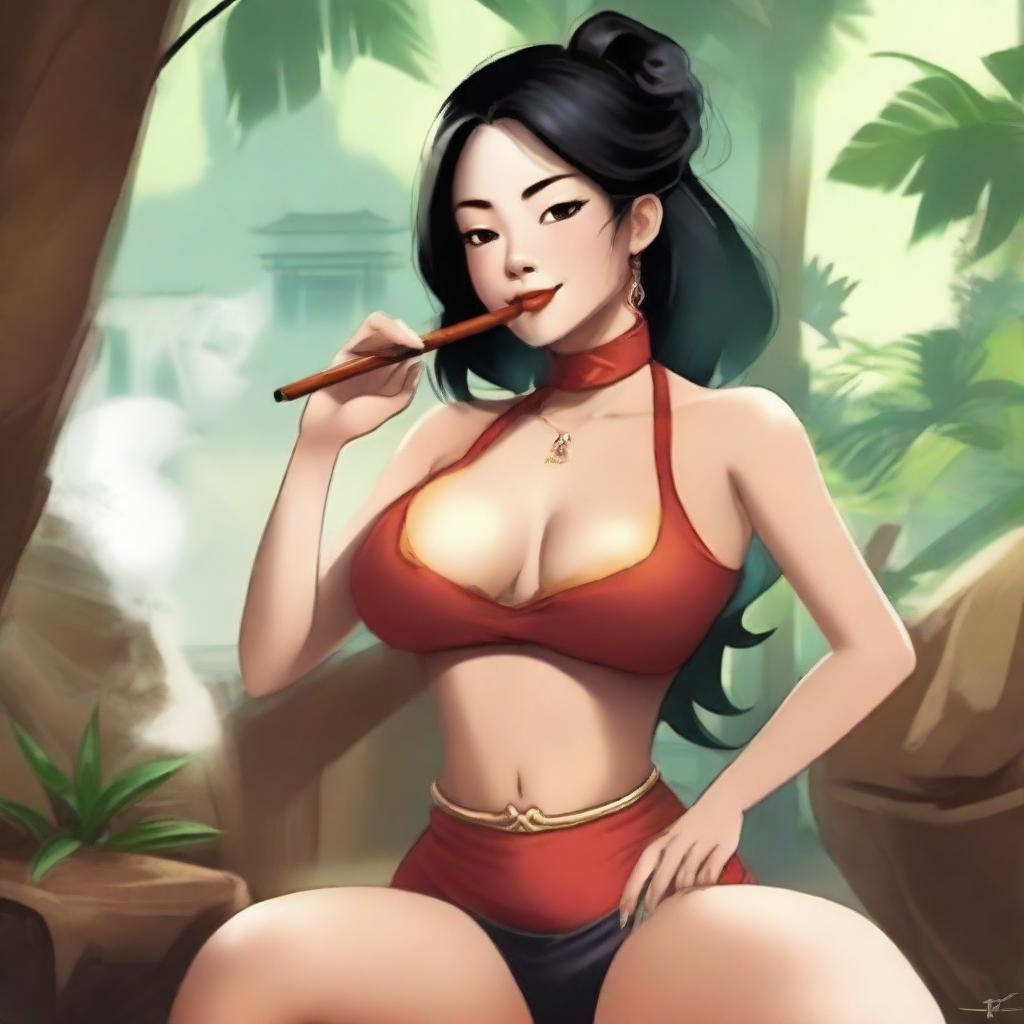 A character named Ling Ling leisurely smoking a cigar in a relaxed environment