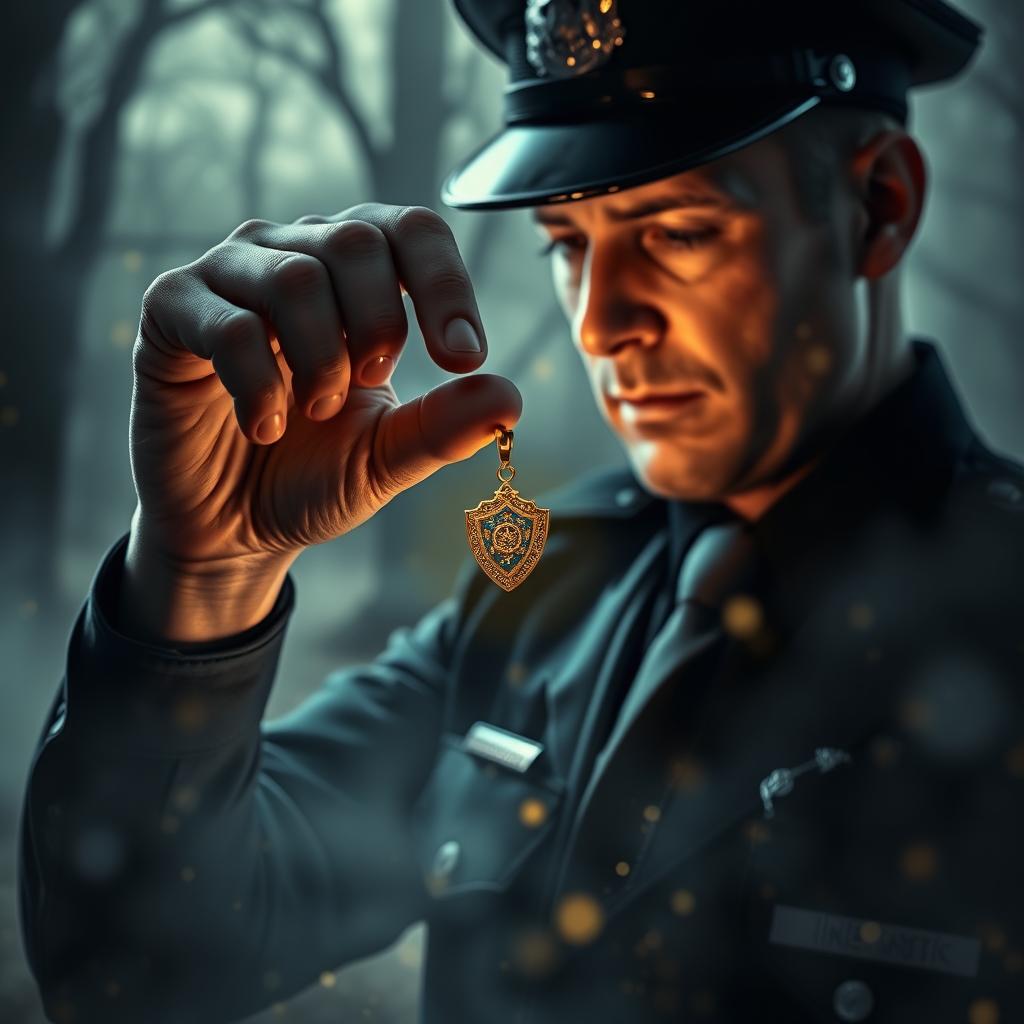 A police officer holding a small golden pendant, examining it carefully with a thoughtful expression