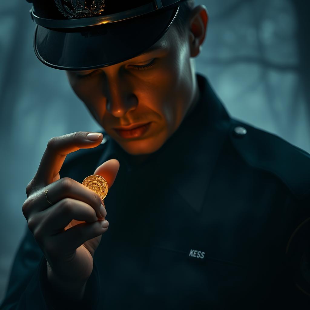 A police officer holding a small gold medallion in one hand, gazing at it intently