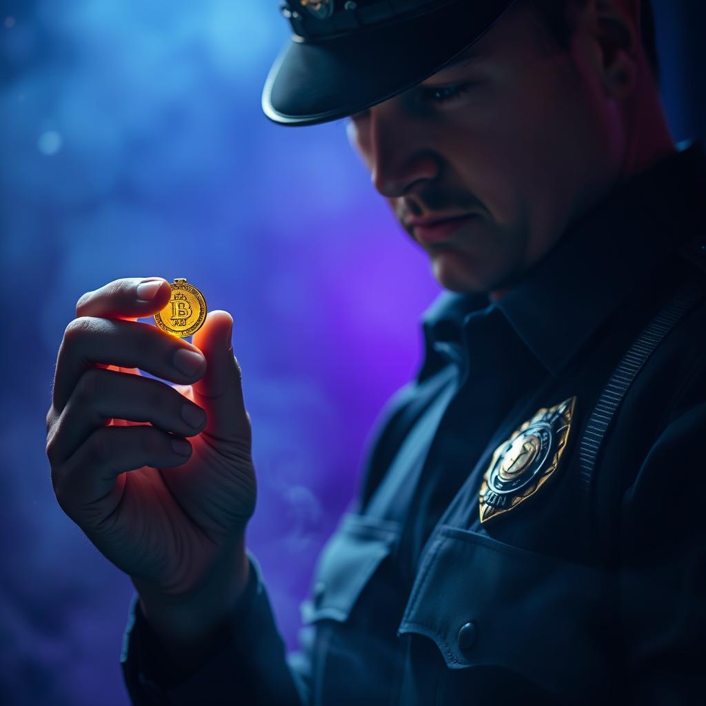 A police officer holding a small golden medallion in one hand, observing it intently
