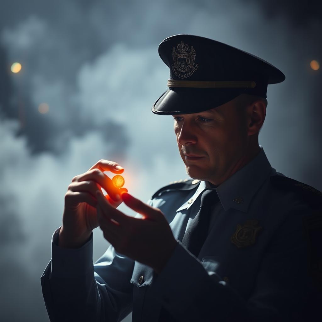 A police officer holding a small gold medallion, observing it intently