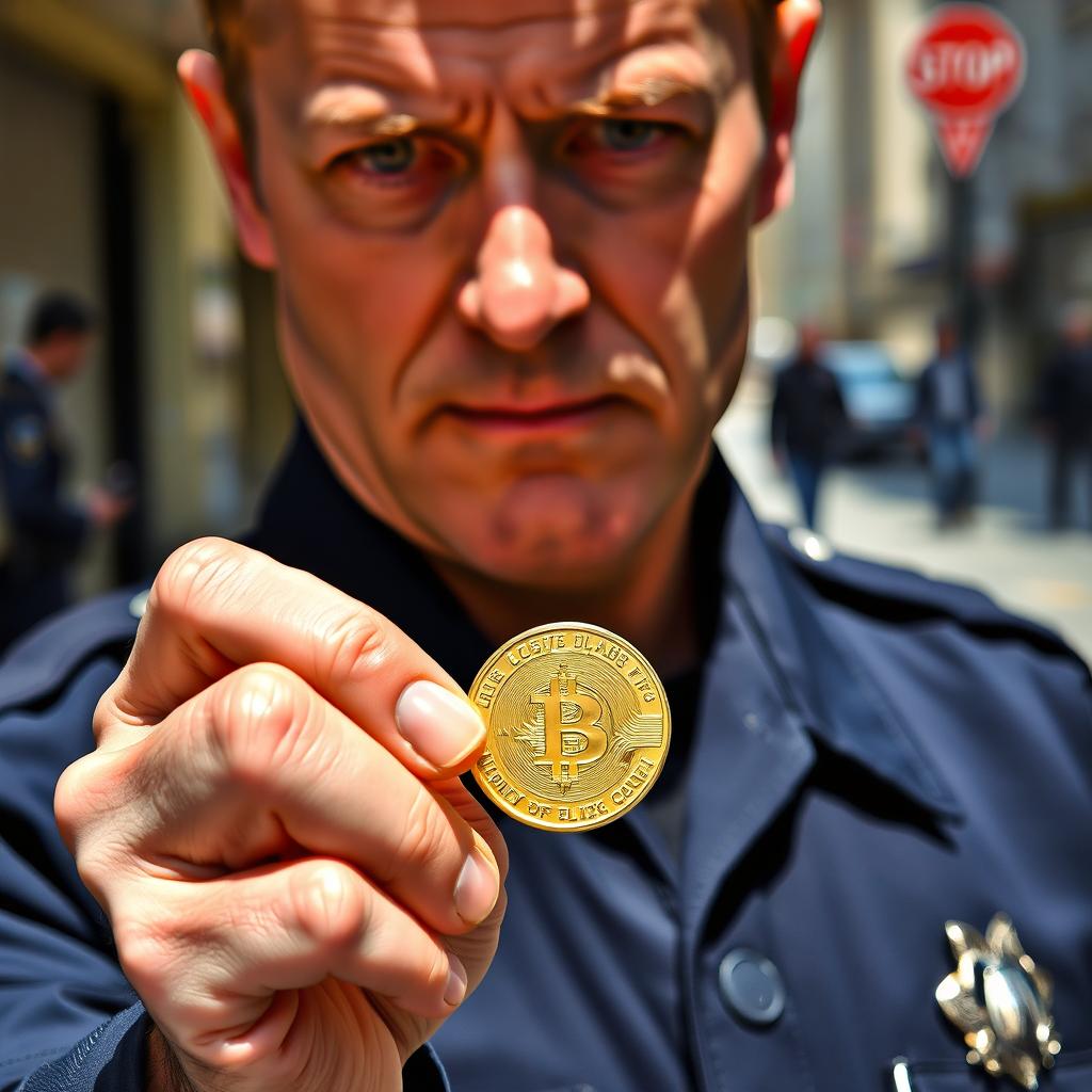 A police officer holding a small gold medallion in one hand, looking at it intently