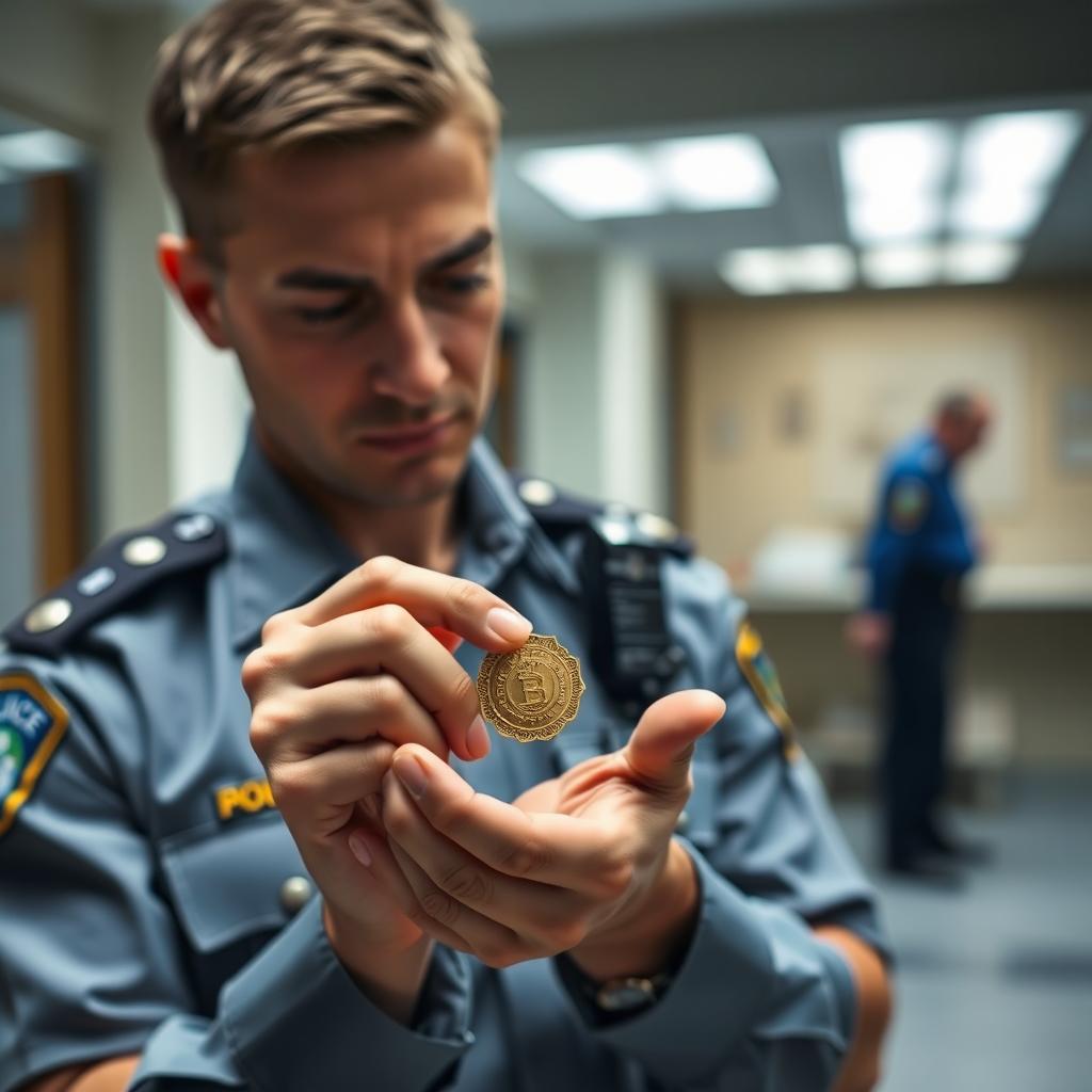 A police officer carefully examining a small golden medallion in his hand, showcasing detailed features of the medallion