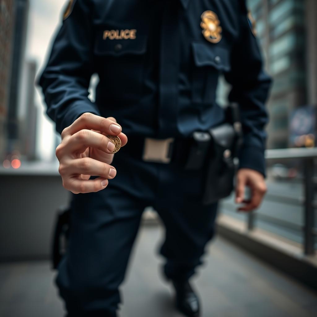 A police officer in a uniform is holding a small golden medallion in one hand, examining it closely with a focused expression