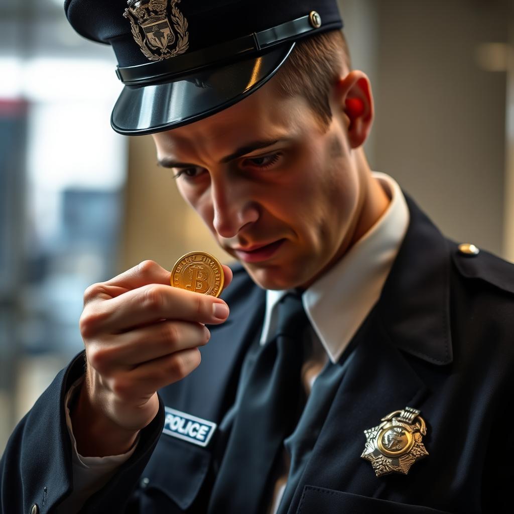 A police officer closely examining a small gold medallion held in his hand, showcasing a look of intrigue and curiosity