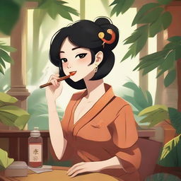 A character named Ling Ling leisurely smoking a cigar in a relaxed environment