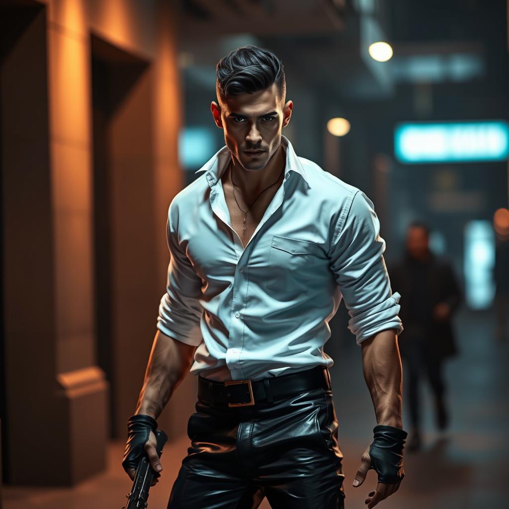 A hot male aasimar assassin, showcasing an air of confidence and allure, stands poised in a dynamic pose