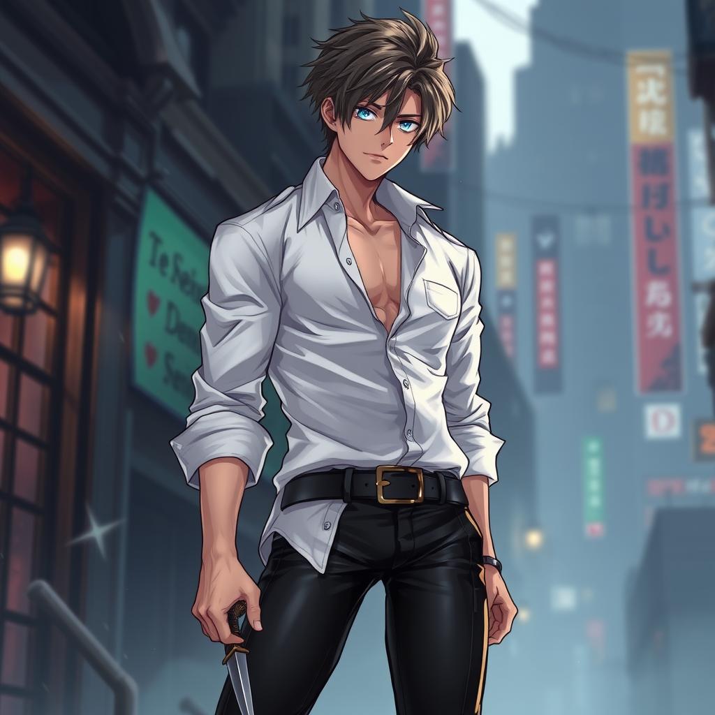 A stunning anime-style illustration of a hot male aasimar assassin