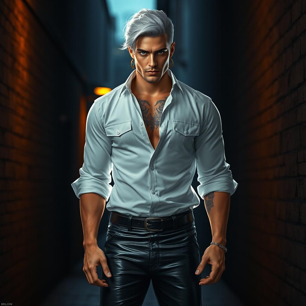 A captivating fantasy male aasimar assassin with glowing celestial features, dressed in a stylish rolled sleeve white button-down shirt and sleek black leather pants