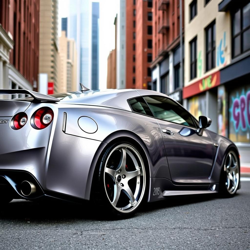 A sleek, lowered sports car with stylish aftermarket sport wheels, parked in an urban setting