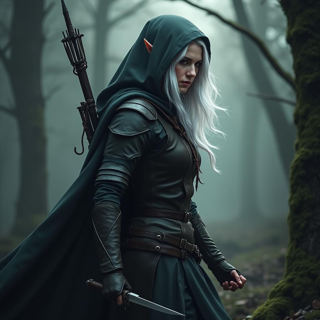 A white-haired, hooded rogue of the half-elf race, skillfully moving through a shadowy forest