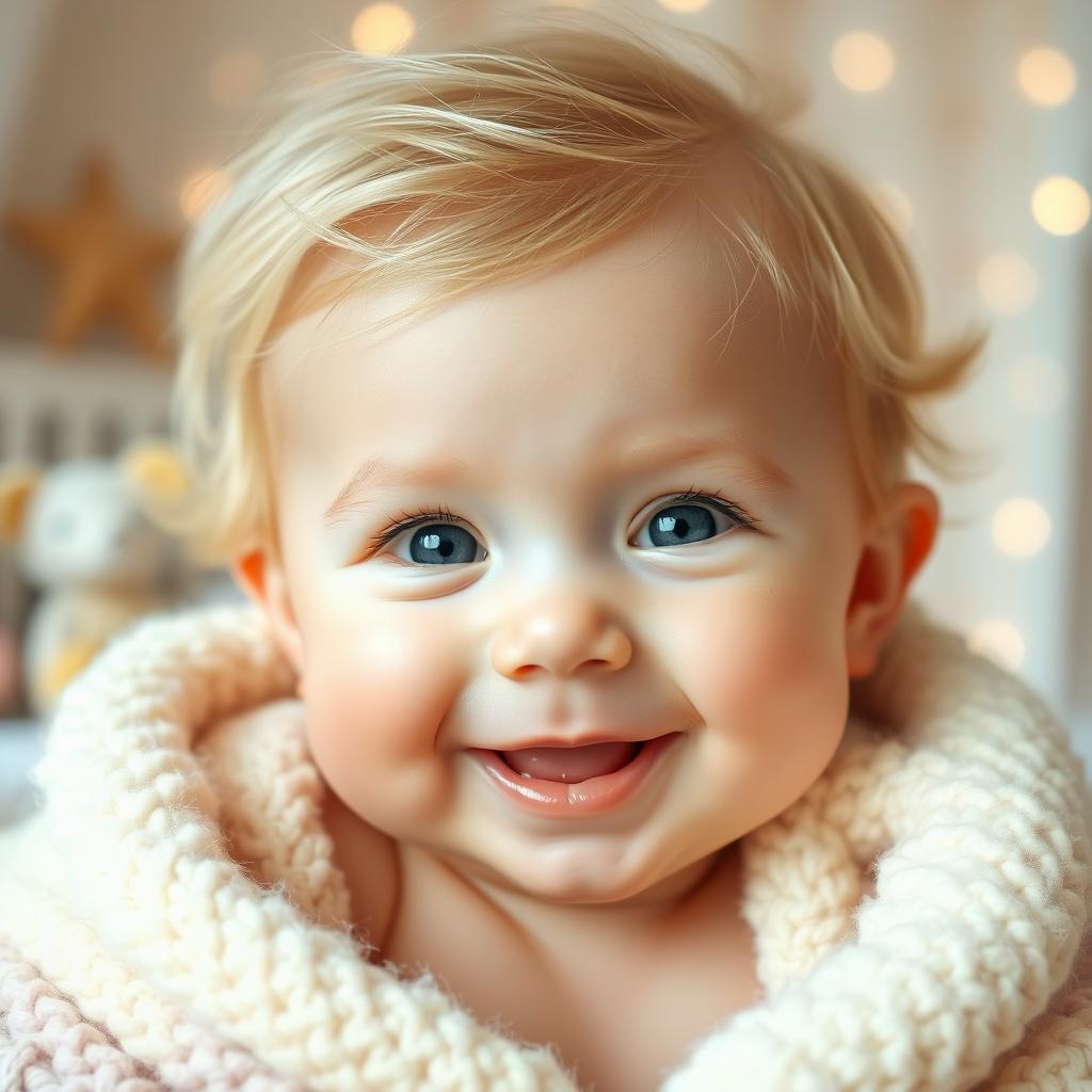 A charming and adorable baby portrait, with an emphasis on soft and delicate features, such as chubby cheeks and big bright eyes