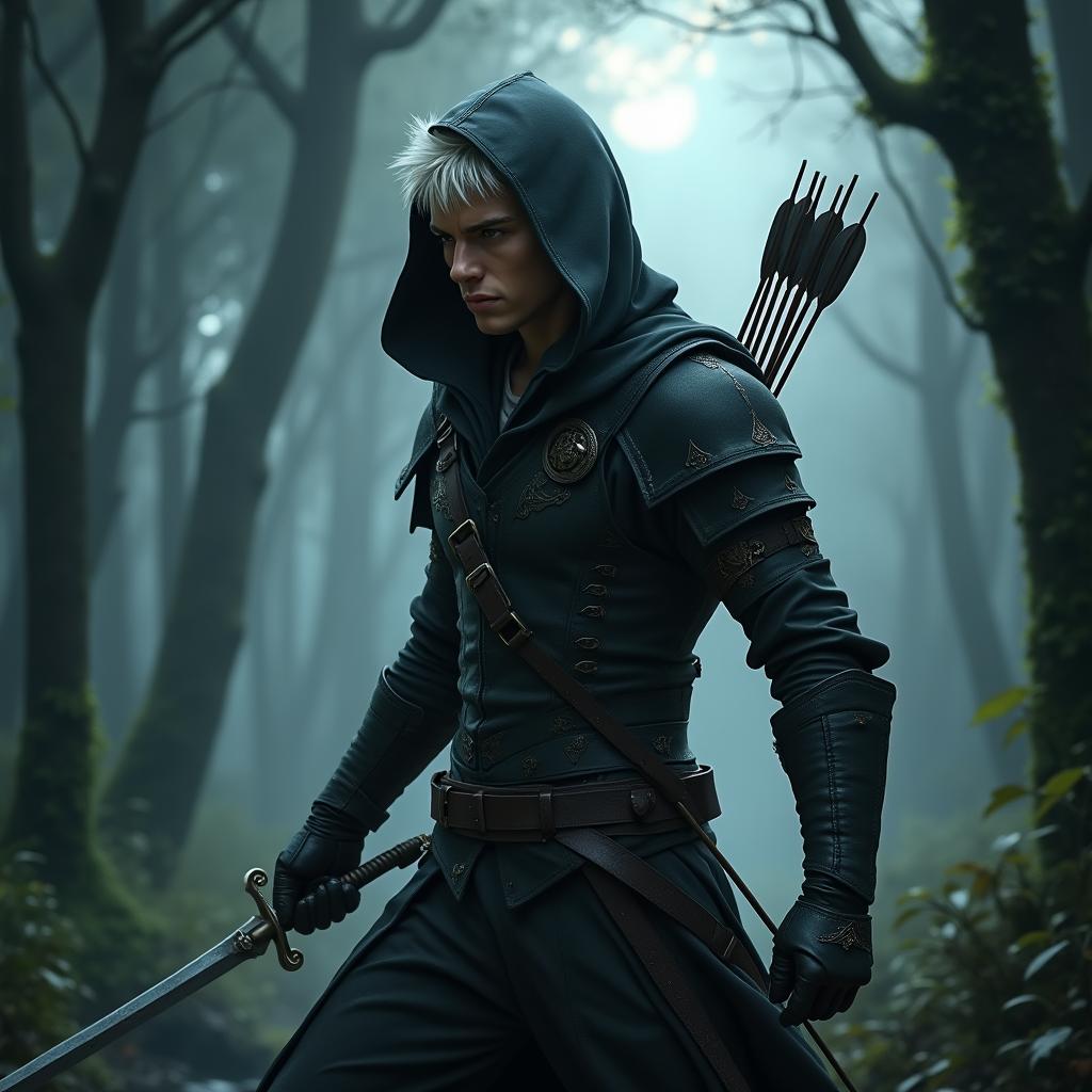 A white-haired, hooded male half-elf rogue, stealthily navigating through a dense, misty forest