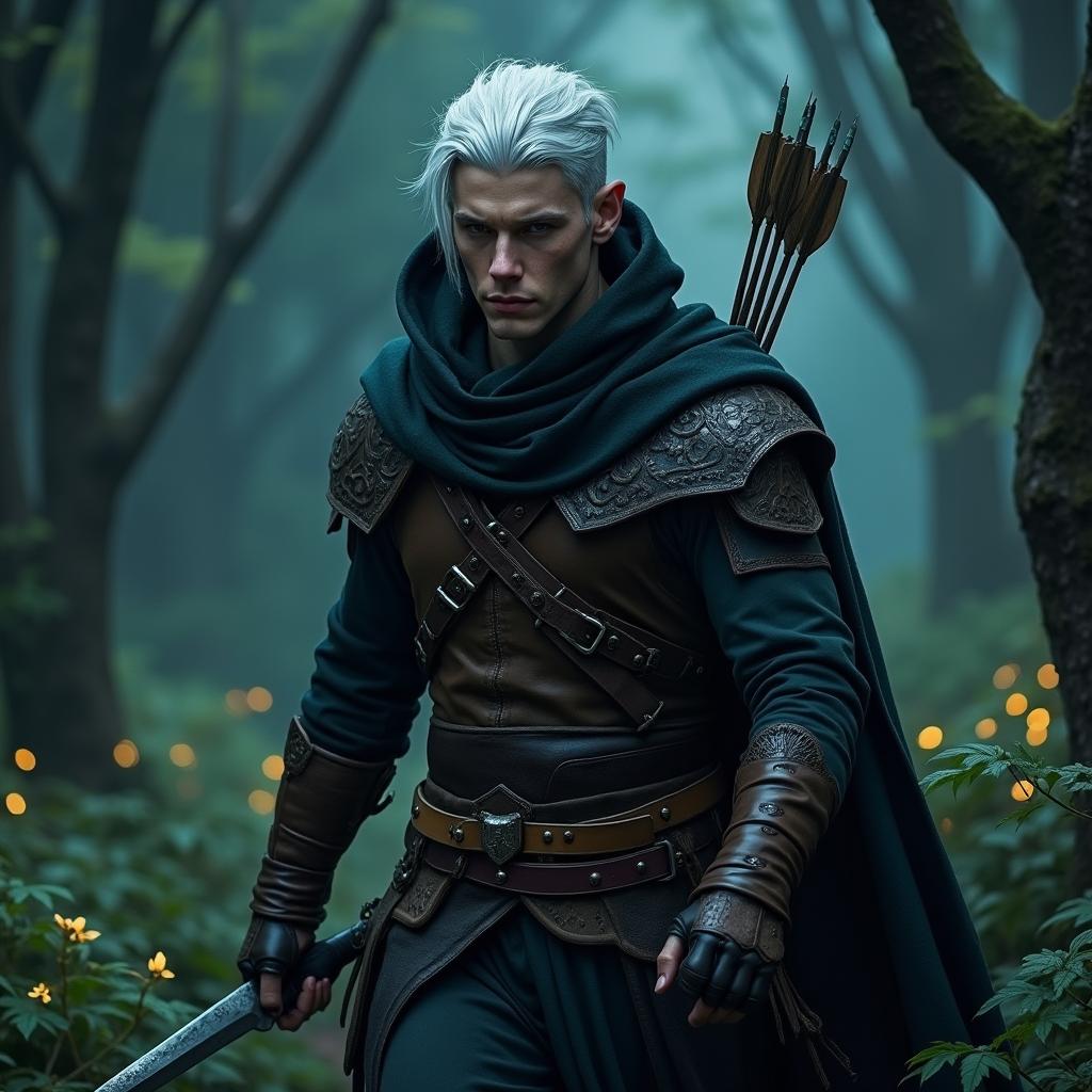 A white-haired, hooded male half-elf rogue, stealthily moving through a dark, enchanted forest