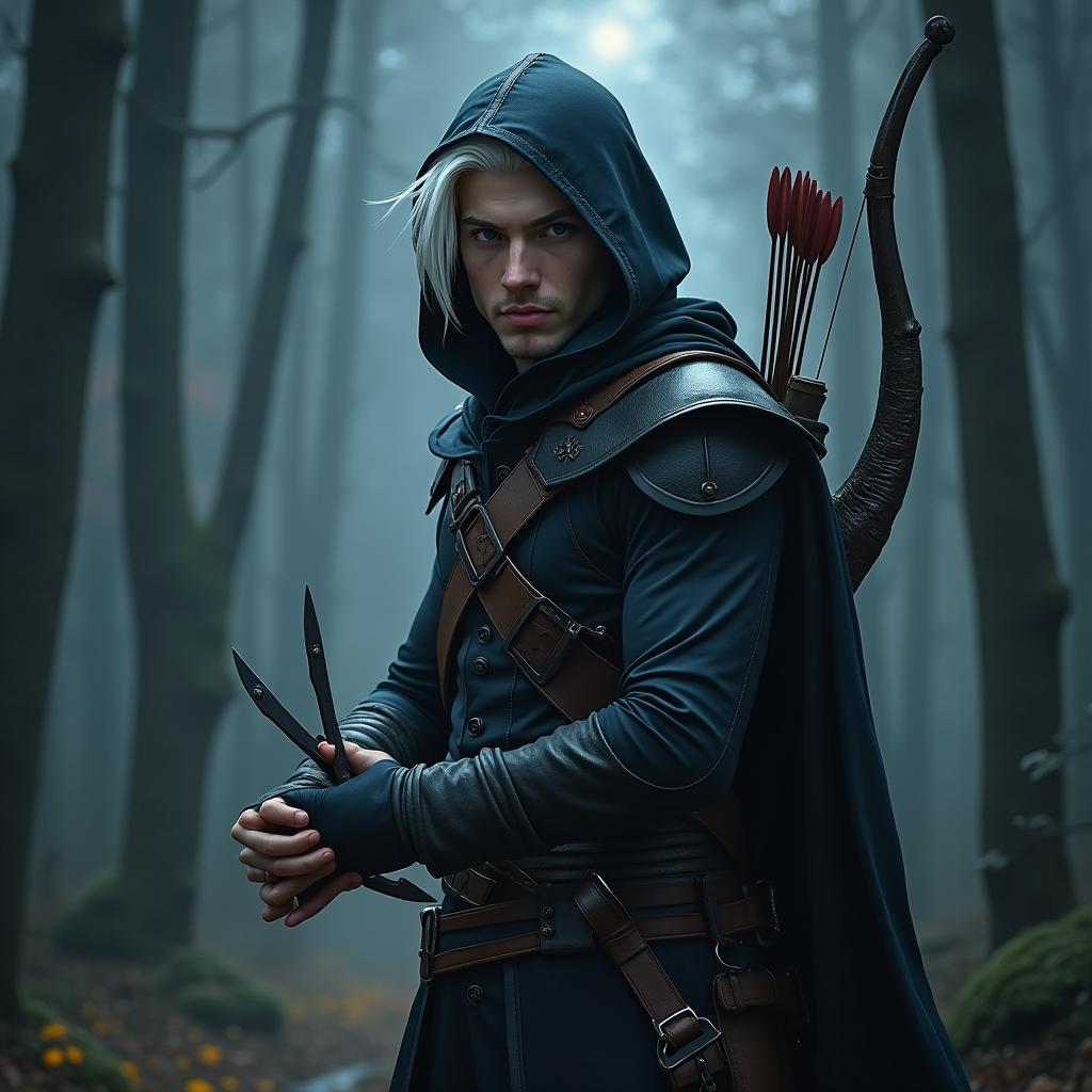 A hooded, white-haired male half-elf rogue, standing confidently with daggers clenched in both hands, ready for action