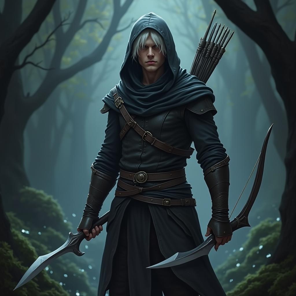 A hooded, white-haired male half-elf rogue, poised and ready for action, holding daggers in both hands while a sleek bow is slung across his back