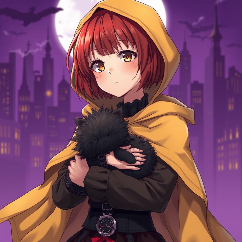 A highly detailed anime artwork featuring a young woman with a baby-like face and a short red bob haircut
