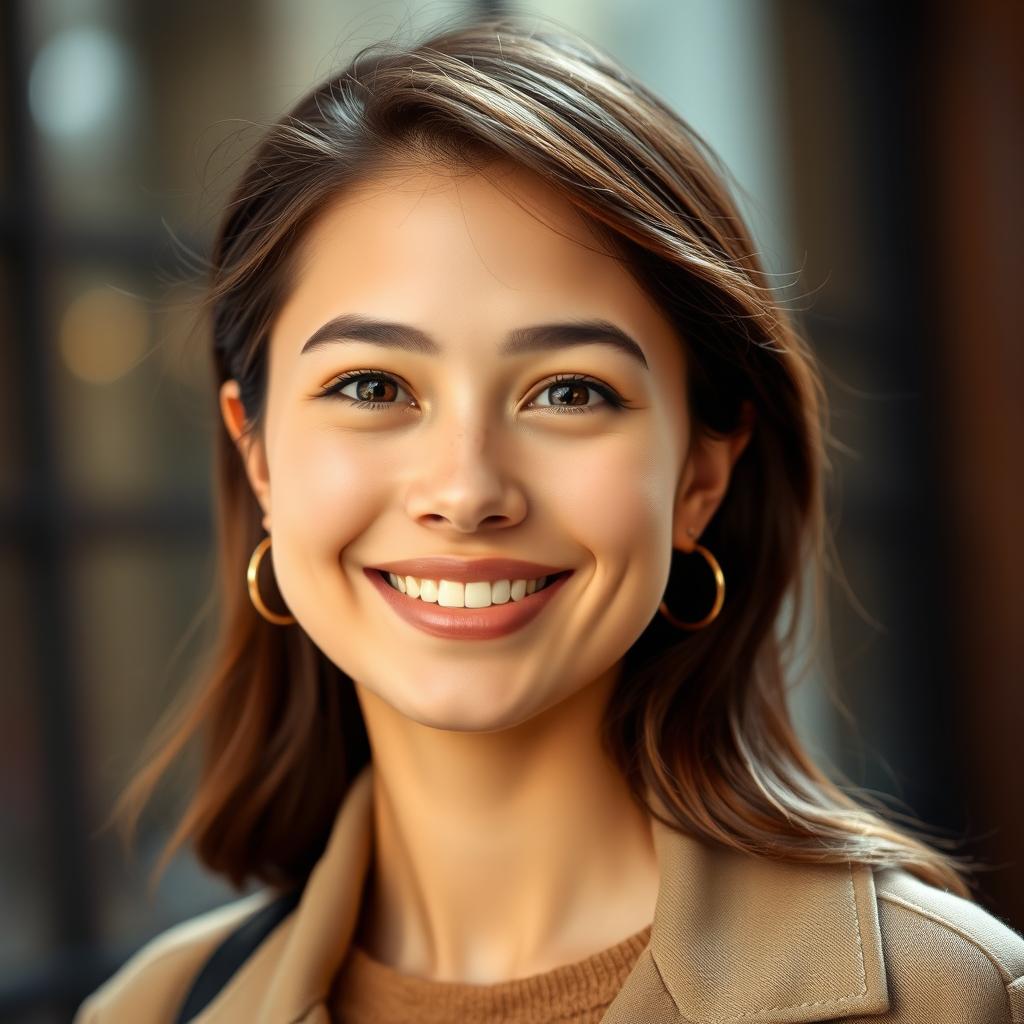 A beautifully styled portrait of a person with character and charm, showcasing clear skin with no blemishes, and a gracefully thin chin that enhances their facial features
