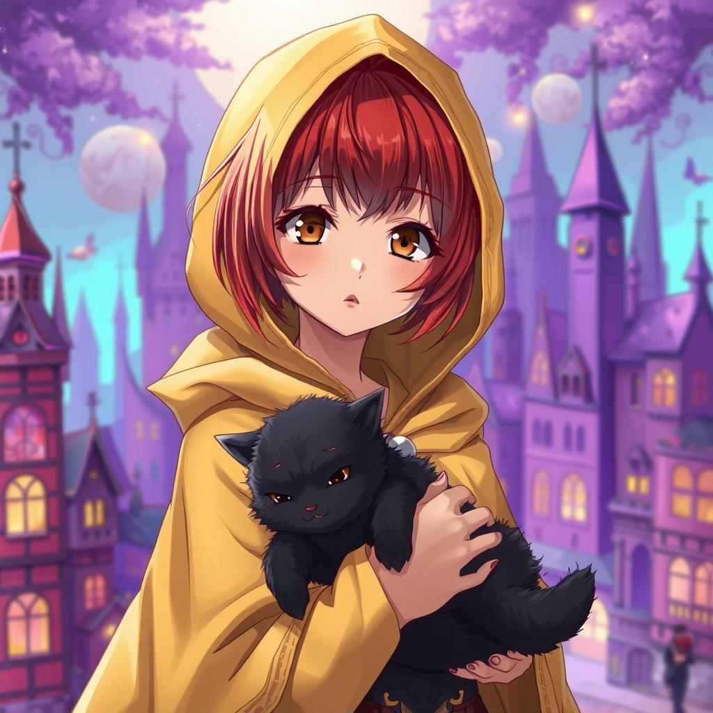 A very detailed anime art piece featuring a young woman with a baby face and short red bob cut