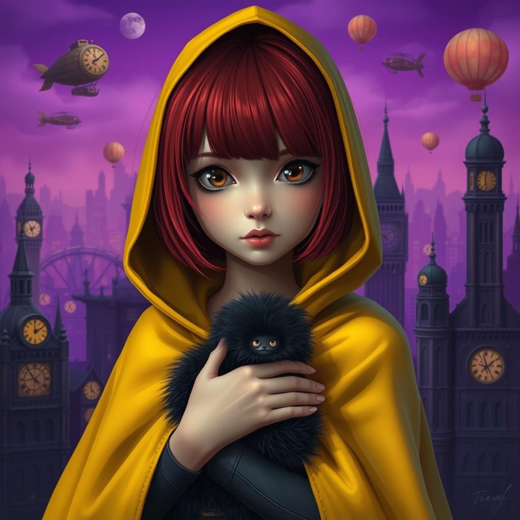 A young woman with a baby face, featuring short red hair in a stylish bob cut, wearing a dramatic yellow cloak that drapes elegantly around her