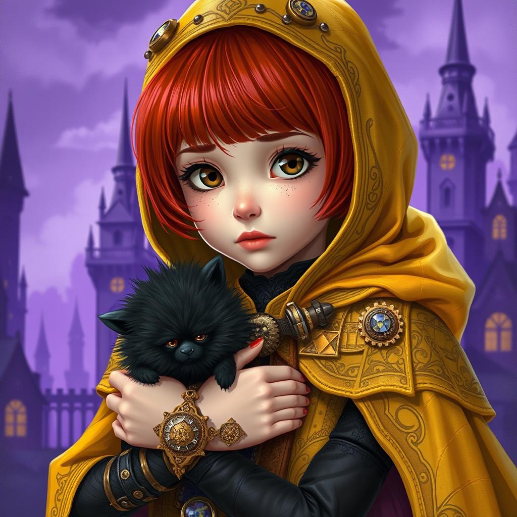 A young woman with a baby face and short red bob cut, wearing an intricate yellow cloak and hood