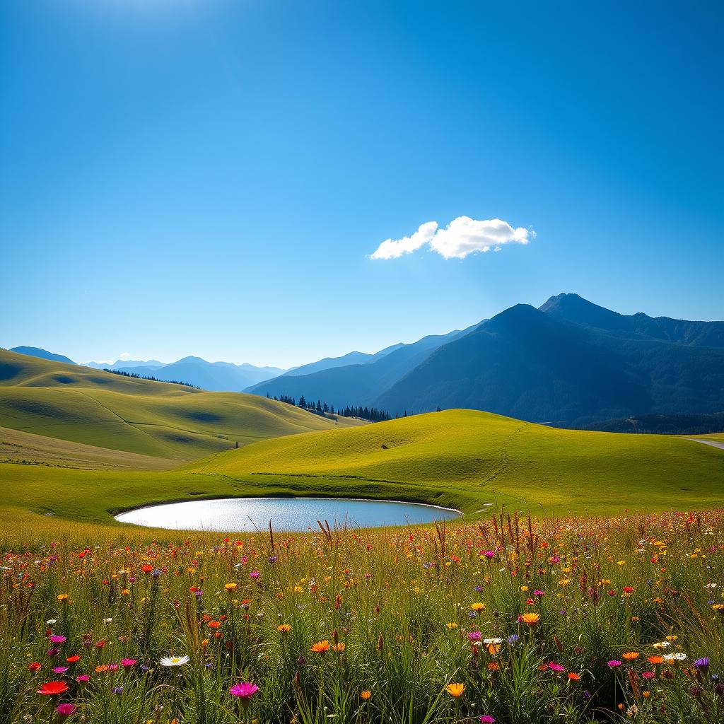 A captivating scene featuring a serene landscape with rolling hills under a clear blue sky