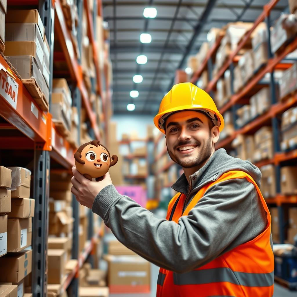 A warehouse picker wearing a bright yellow helmet and an orange safety vest, diligently picking up a small, cute brown cartoon character from a shelf in a bustling warehouse filled with shelves stacked high with various items