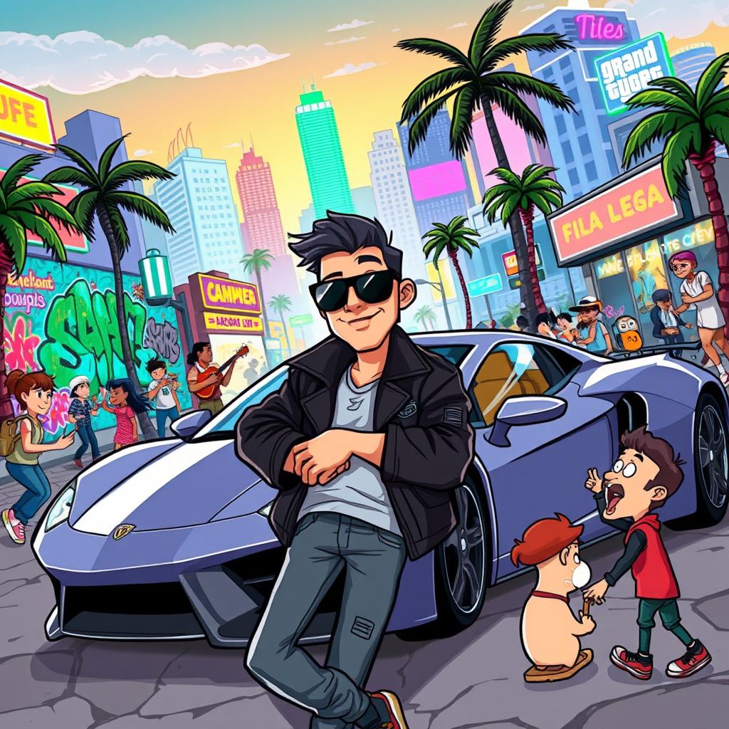 A vibrant, action-packed cartoon scene inspired by the Grand Theft Auto video game series, featuring a dynamic urban landscape bustling with energy