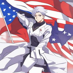 Anime character Shiro in a pose expressing patriotic feelings, with elements of their country's flag incorporated in the background