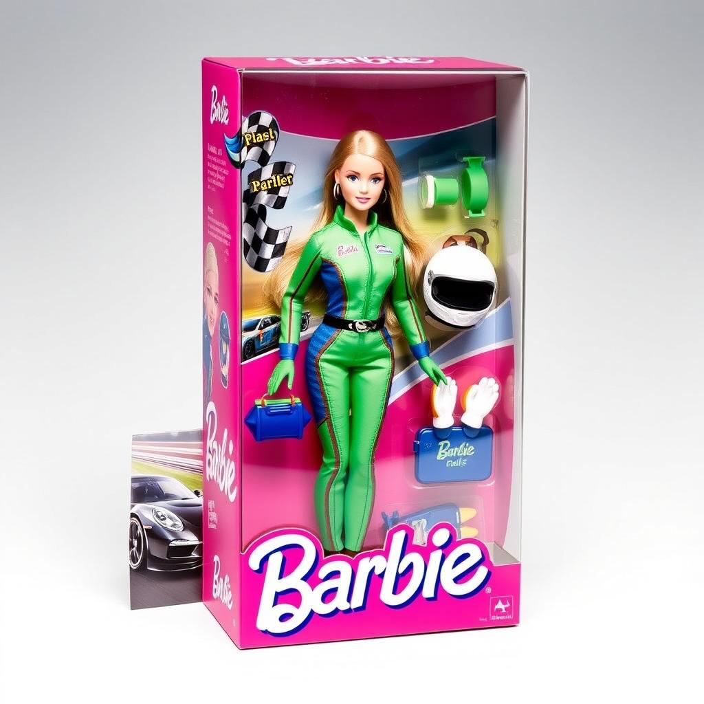 A vibrant, eye-catching Barbie doll packaging featuring a Barbie doll dressed as a race car driver